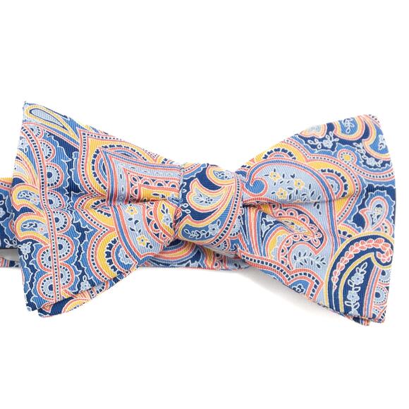 Saddlebred Adjustable Pre-tied 100% Silk Blue Pink Yellow Paisley Bowtie - Picture 1 of 6